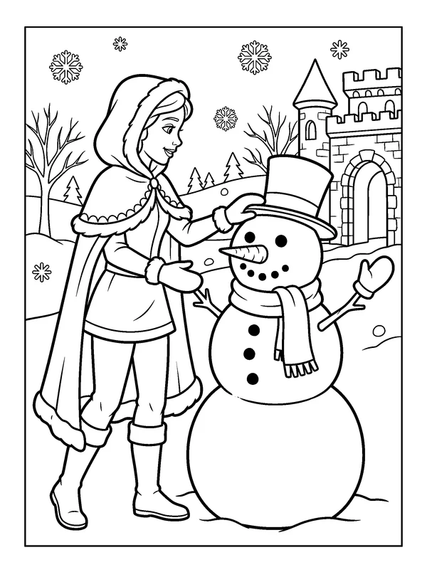 Snowy Princess — printable black-and-white coloring sheet