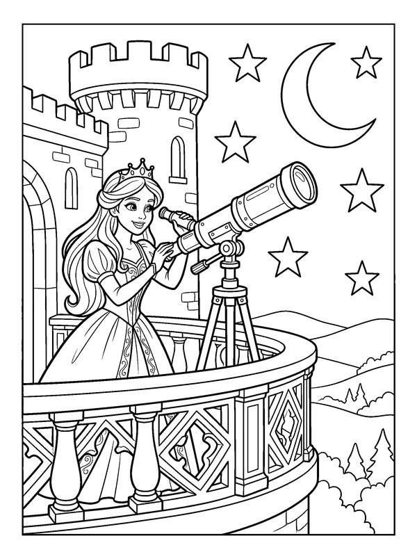 Stargazing Princess — printable black-and-white coloring sheet