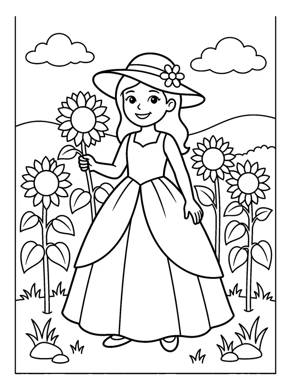 Sunflower Princess — printable black-and-white coloring sheet