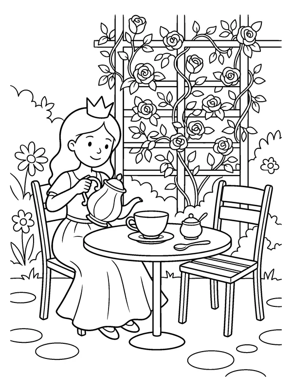 Tea Garden Princess — printable black-and-white coloring sheet