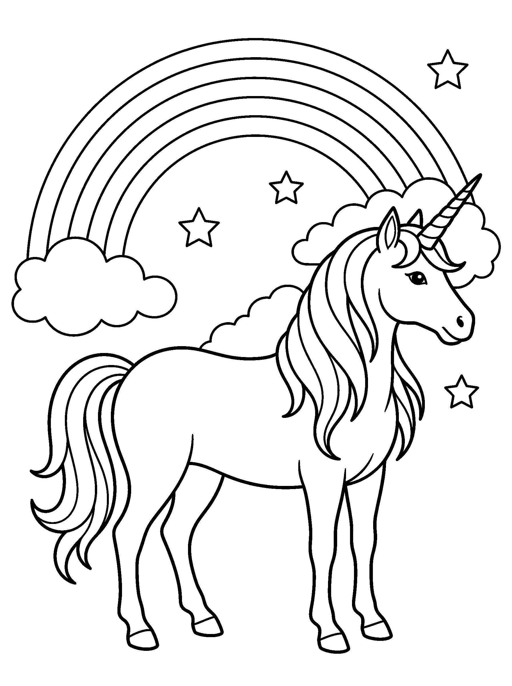 Rainbow Unicorn — full black-and-white printable coloring page