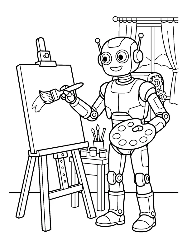 Artist Robot — printable black-and-white coloring sheet