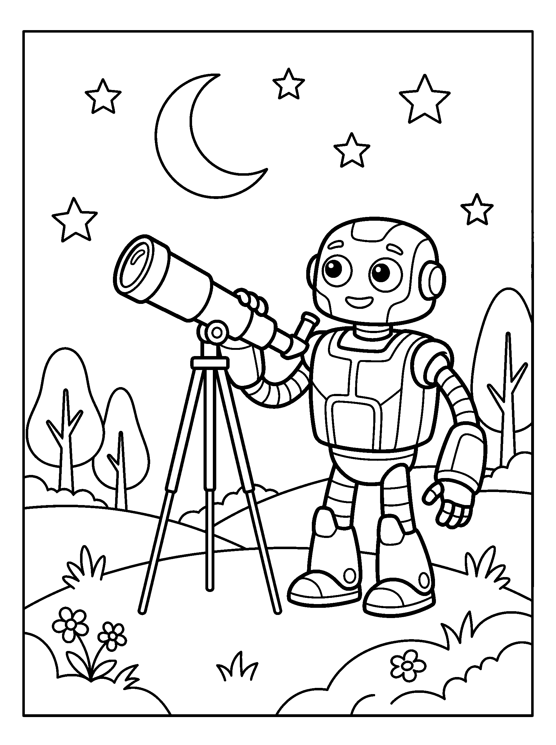 Astronomy Robot — full black-and-white printable coloring page