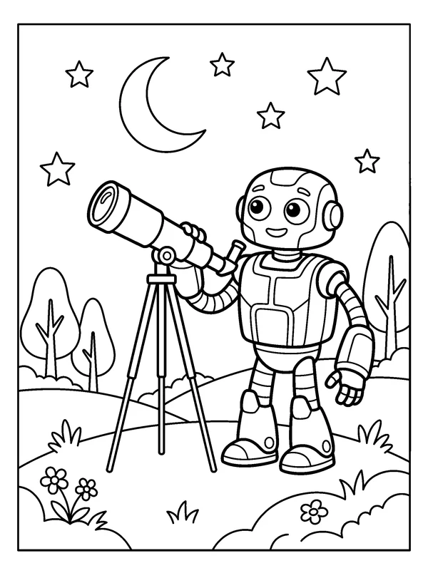 Astronomy Robot — printable black-and-white coloring sheet