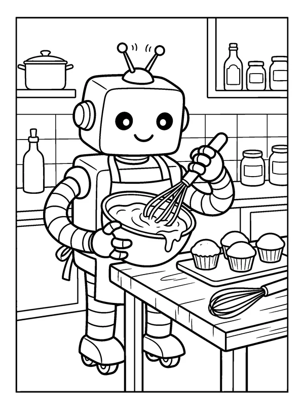 Baking Robot — printable black-and-white coloring sheet