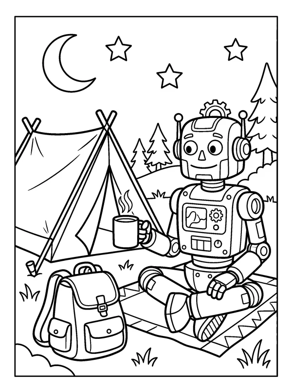 Camping Robot — printable black-and-white coloring sheet