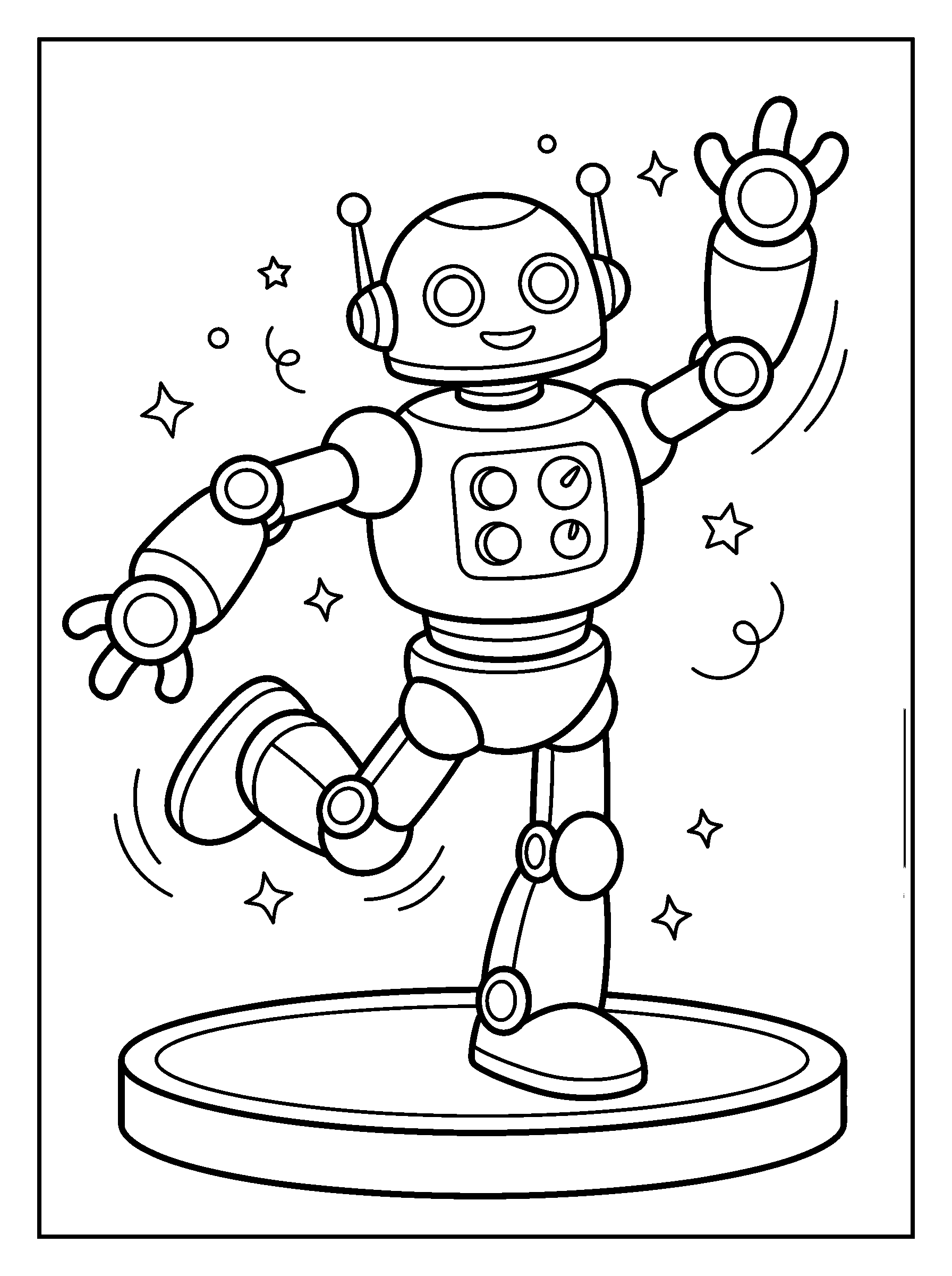 Dancing Robot — full black-and-white printable coloring page