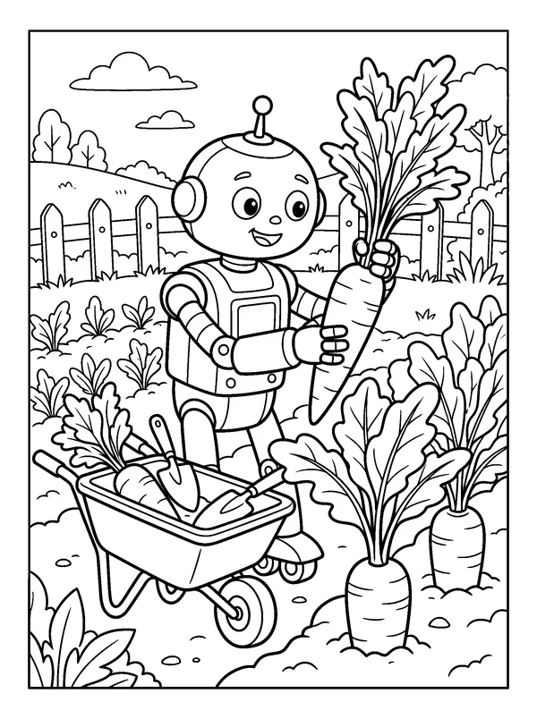 Farm Robot — printable black-and-white coloring sheet