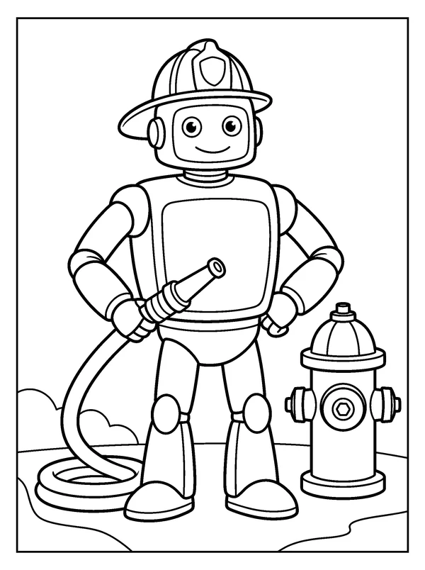 Firefighter Robot — printable black-and-white coloring sheet