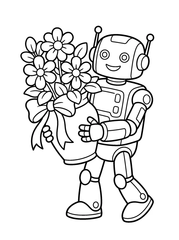 Flower Delivery Robot — printable black-and-white coloring sheet