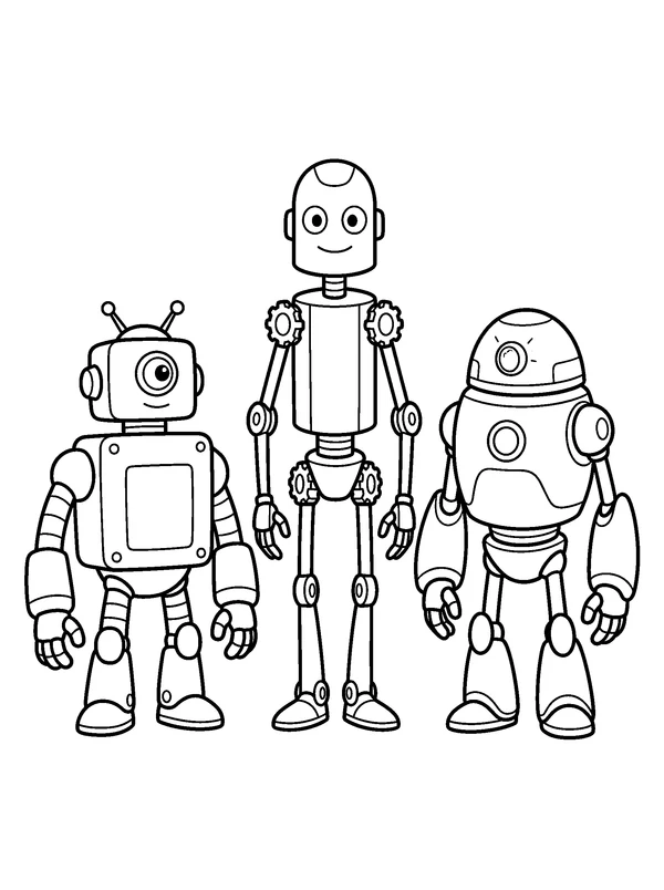 Friendly Robot Family — printable black-and-white coloring sheet