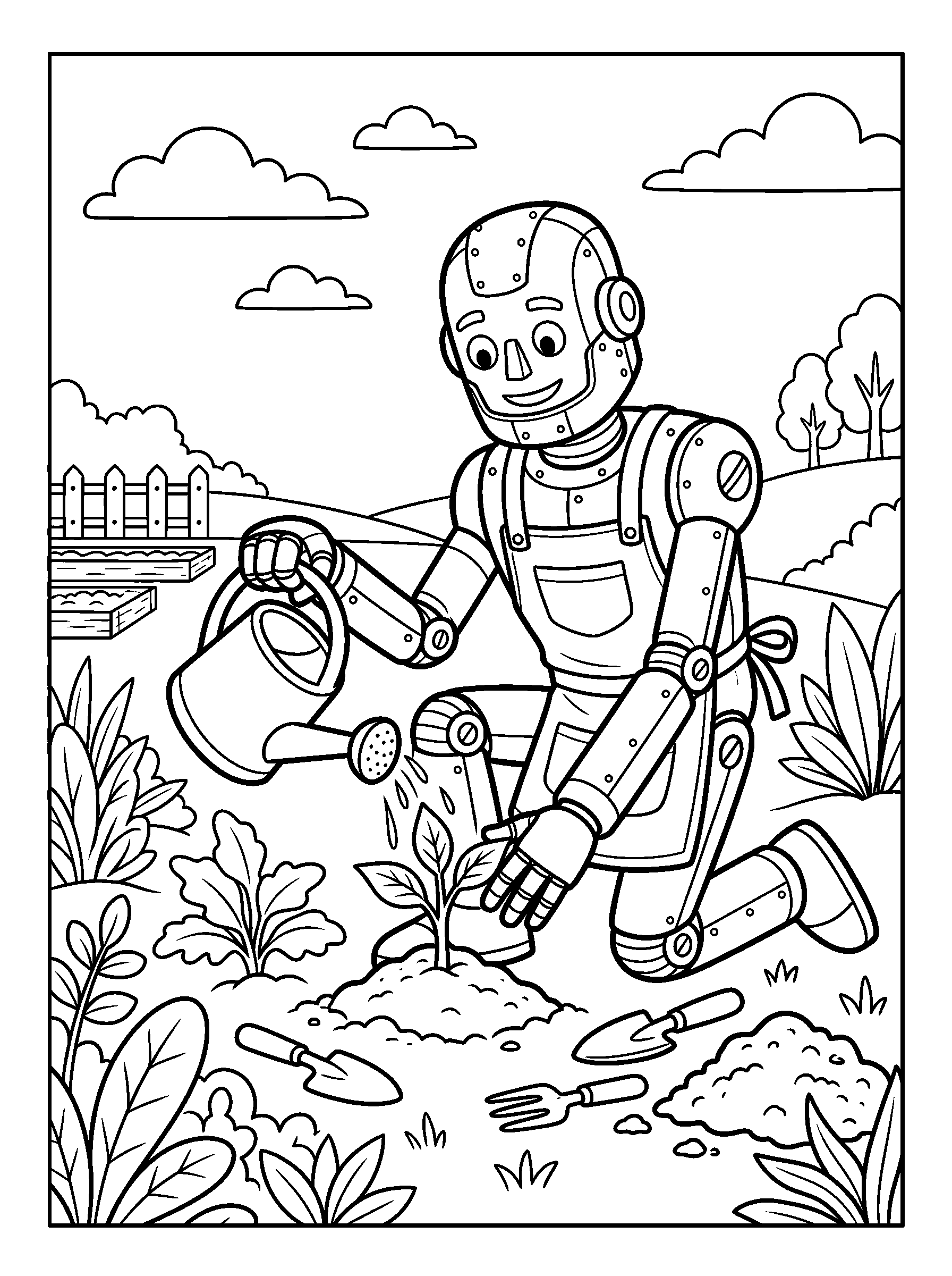 Garden Robot — full black-and-white printable coloring page