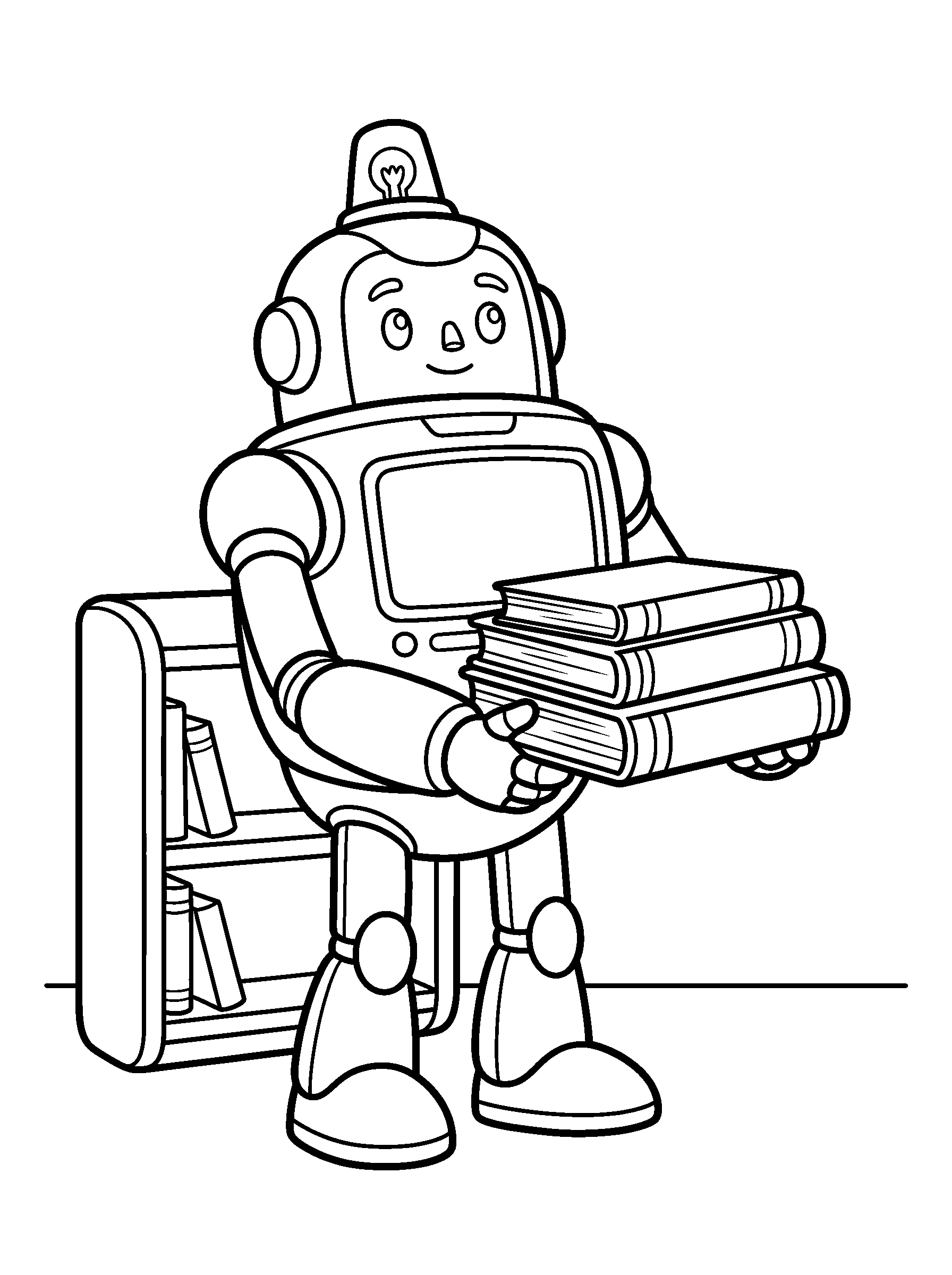 Library Robot — full black-and-white printable coloring page