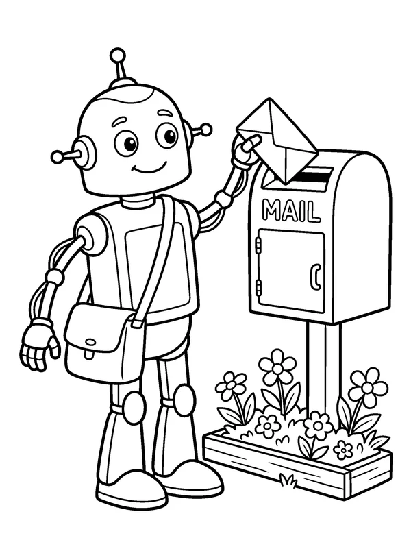 Mail Carrier Robot — printable black-and-white coloring sheet