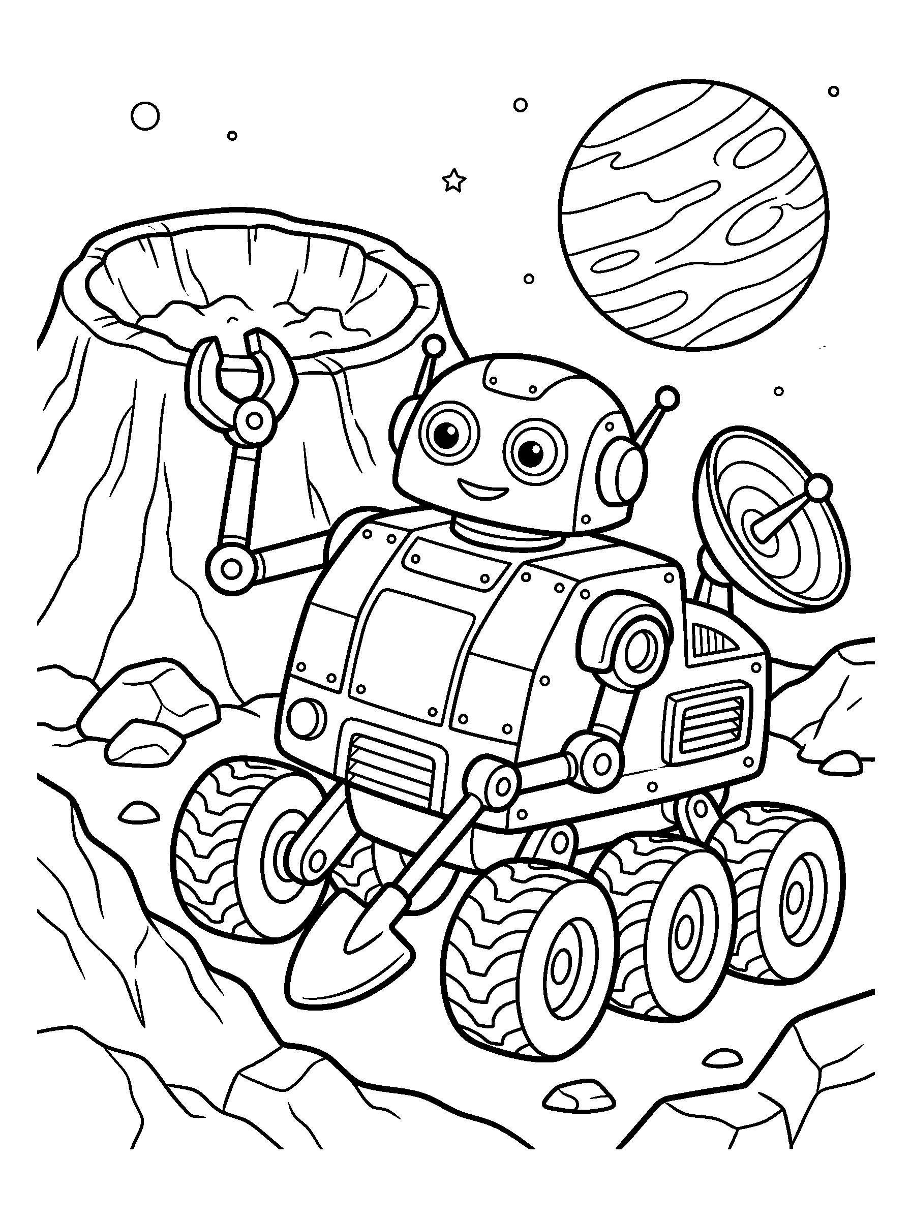 Moon Rover Robot — full black-and-white printable coloring page