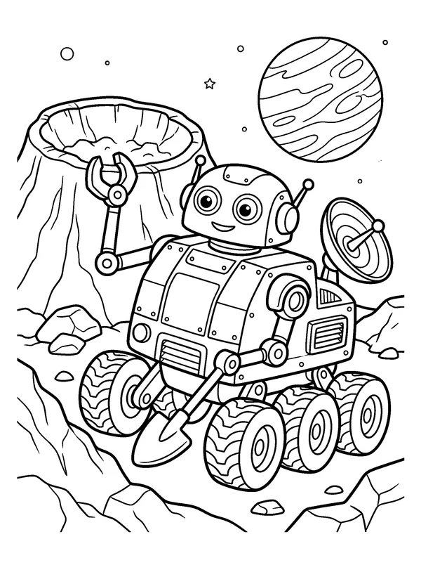 Moon Rover Robot — printable black-and-white coloring sheet