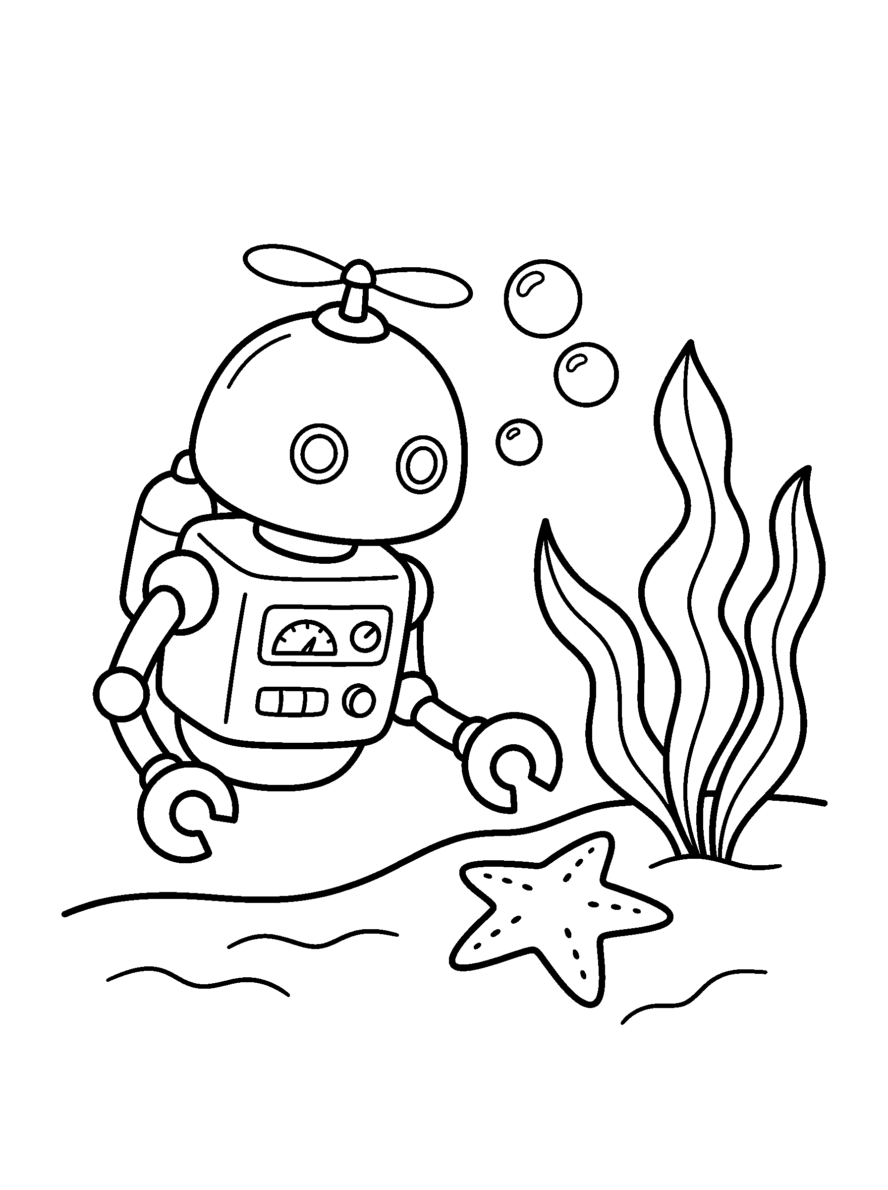 Ocean Explorer Robot — full black-and-white printable coloring page