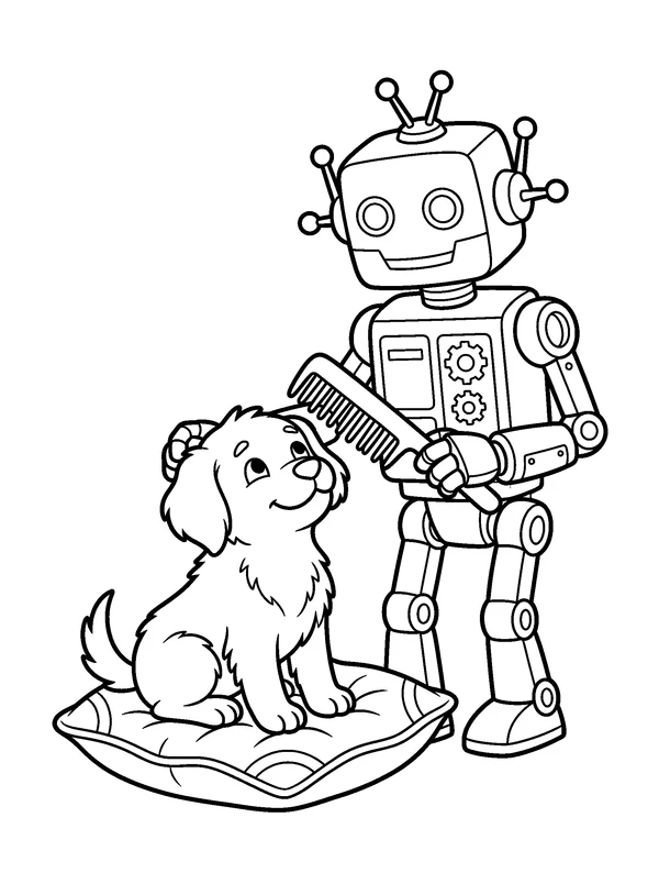 Pet Care Robot — printable black-and-white coloring sheet