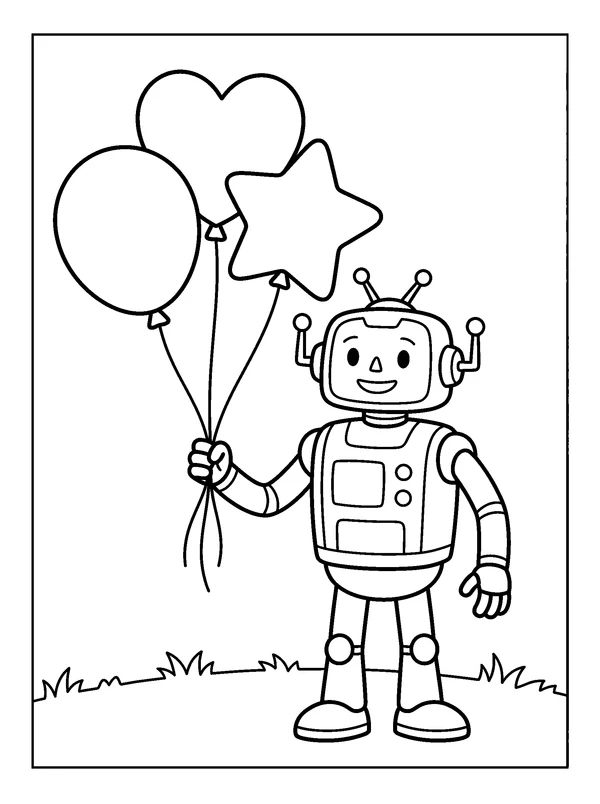 Robot Balloon Day — printable black-and-white coloring sheet