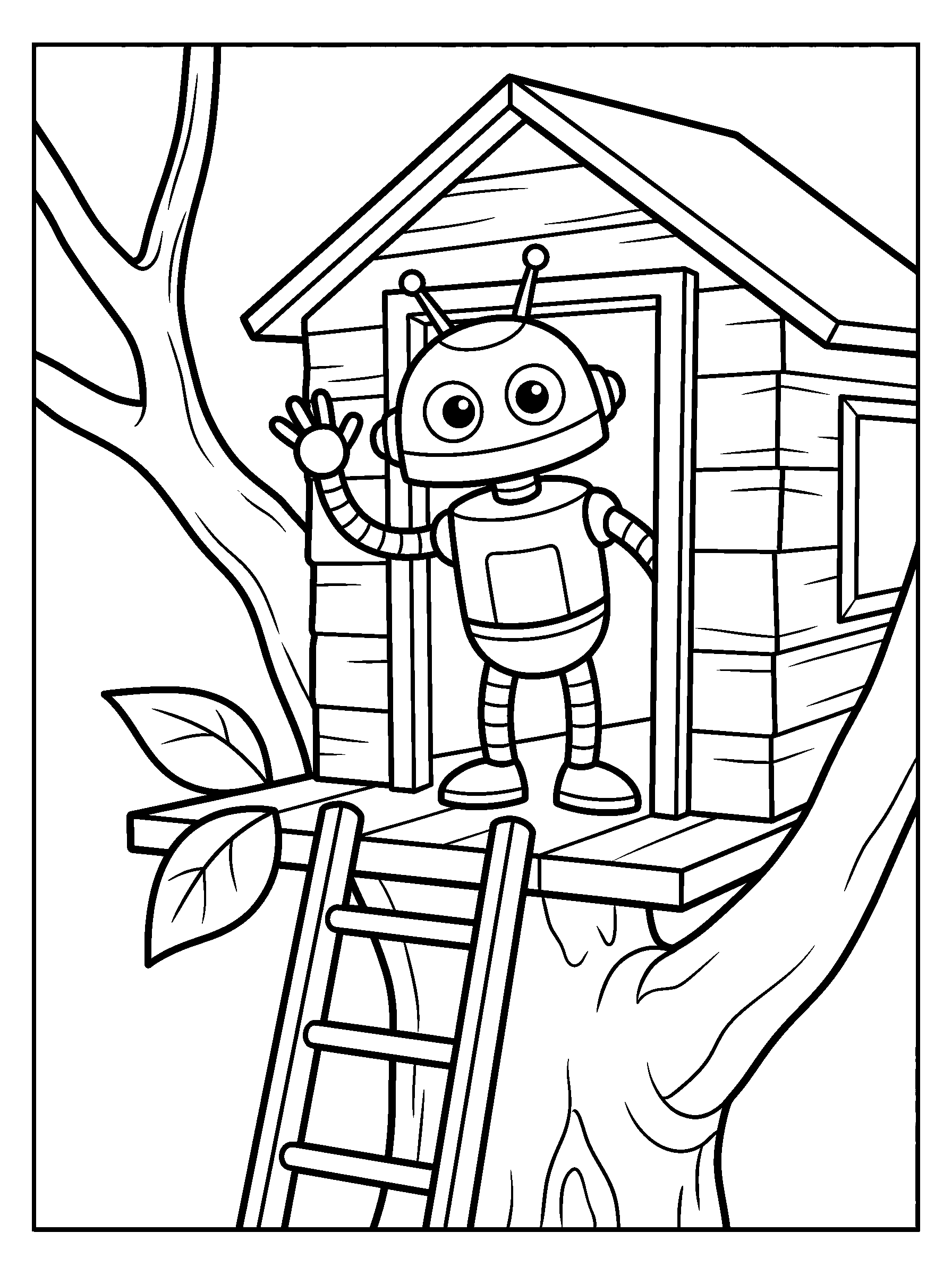 Robot Treehouse — full black-and-white printable coloring page