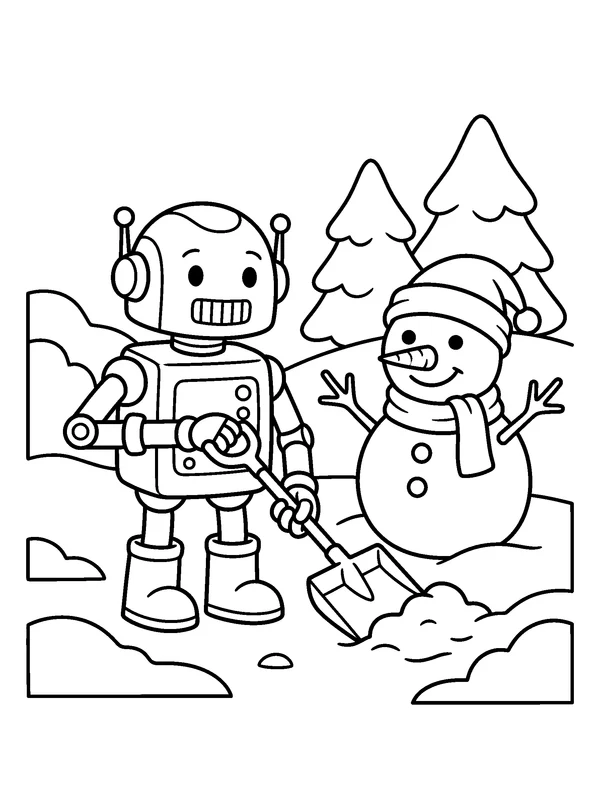 Snow Helper Robot — printable black-and-white coloring sheet