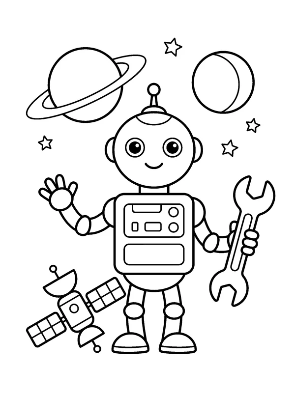 Space Repair Robot — printable black-and-white coloring sheet