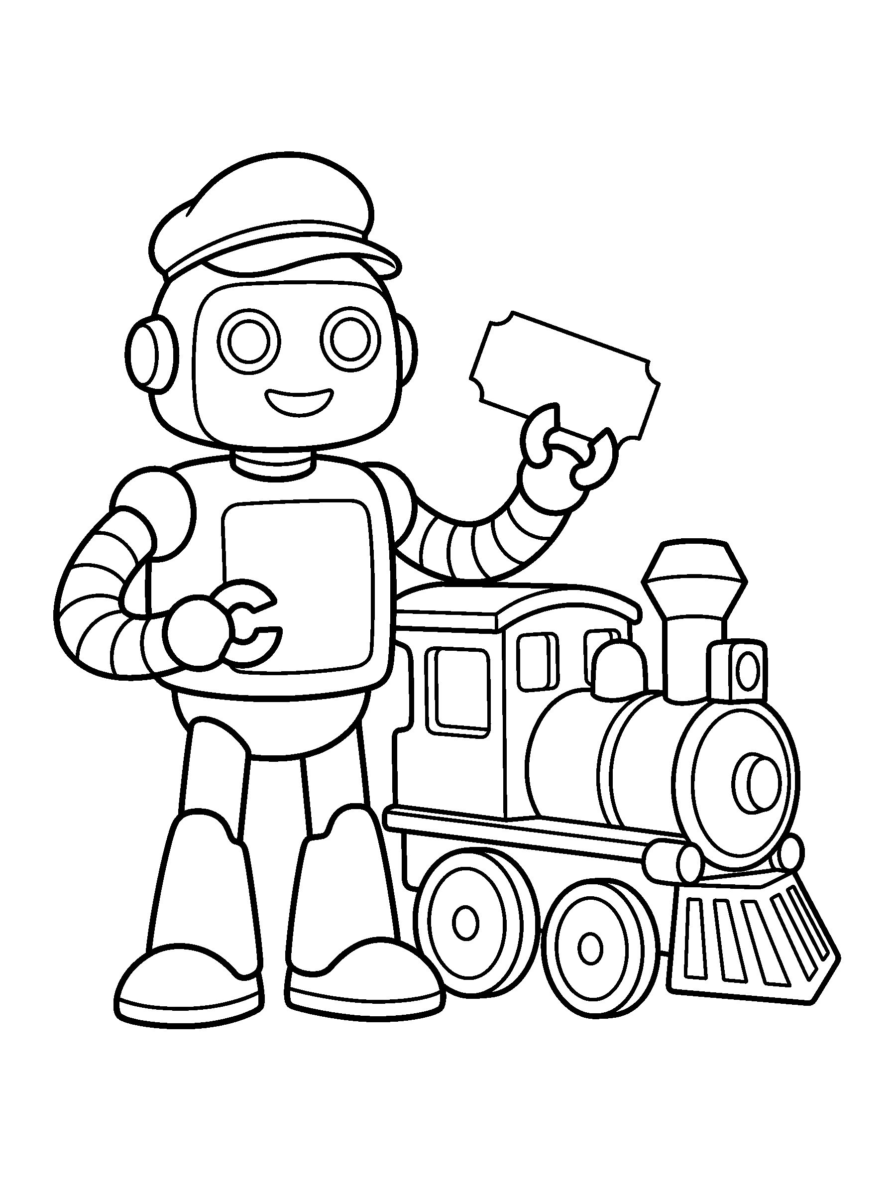 Train Conductor Robot — full black-and-white printable coloring page