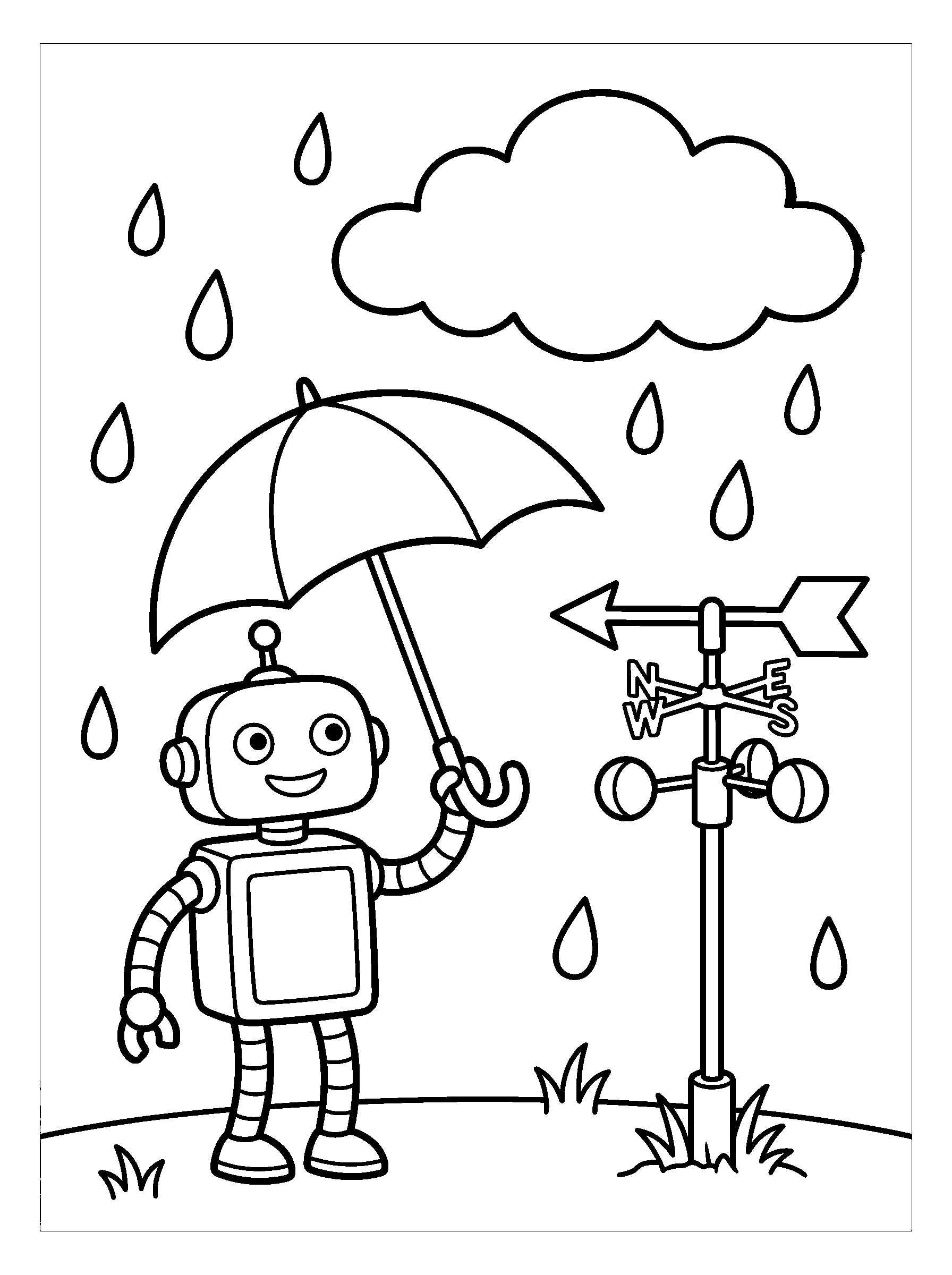 Weather Robot — full black-and-white printable coloring page