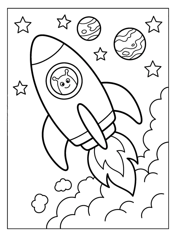 Rocket Launch — printable black-and-white coloring sheet