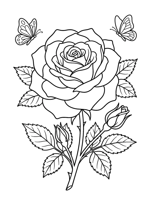 Rose in Bloom — printable black-and-white coloring sheet