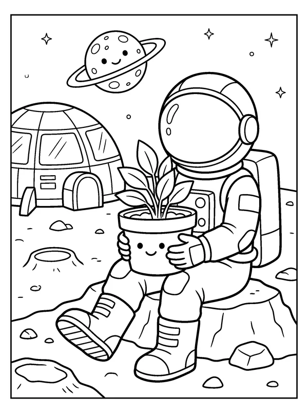 Astronaut with a Seedling — printable black-and-white coloring sheet