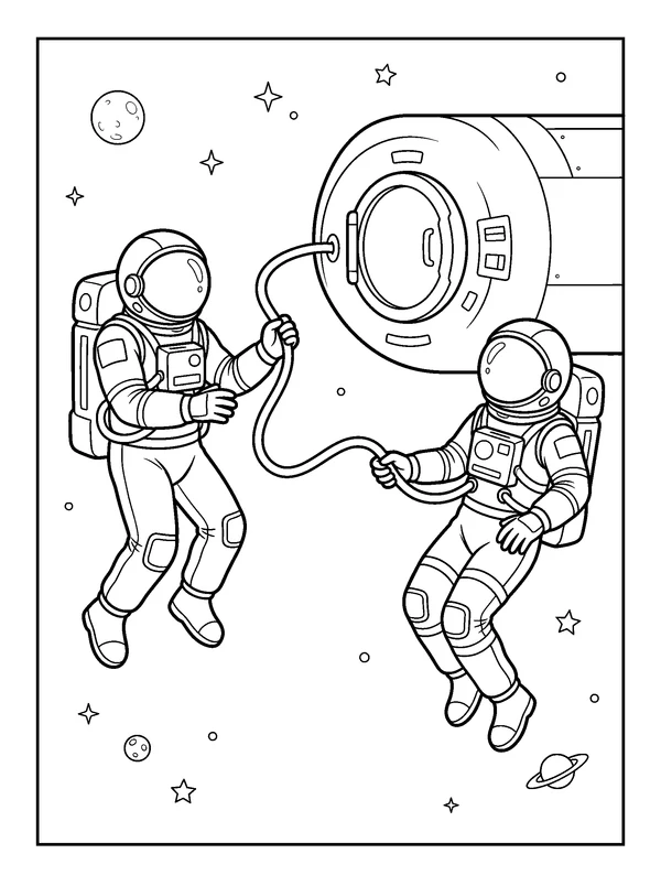 Spacewalk Partners — printable black-and-white coloring sheet