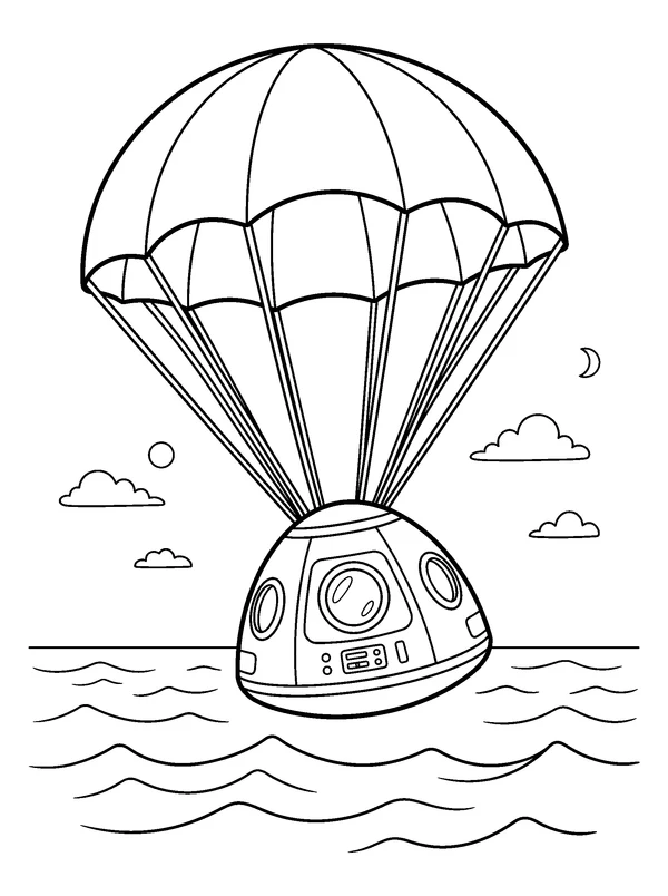 Capsule Splashdown — printable black-and-white coloring sheet