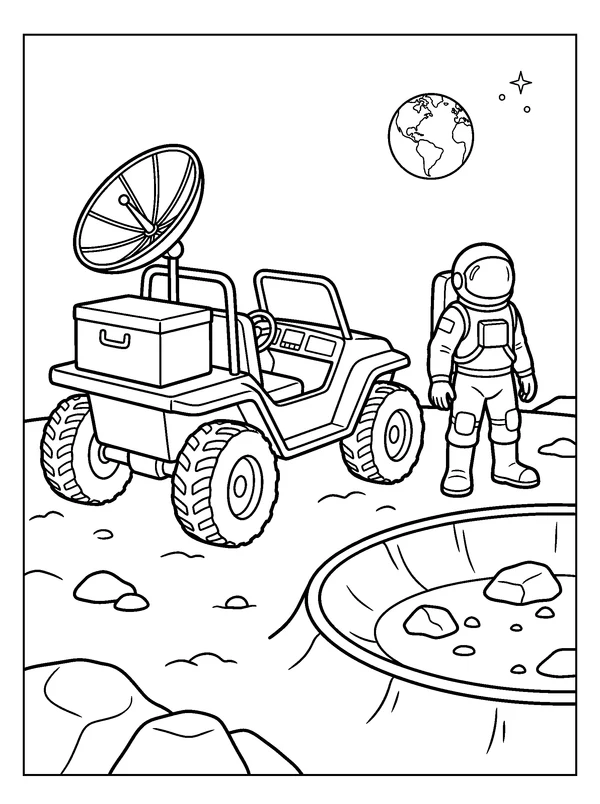 Moon Buggy at the Crater — printable black-and-white coloring sheet