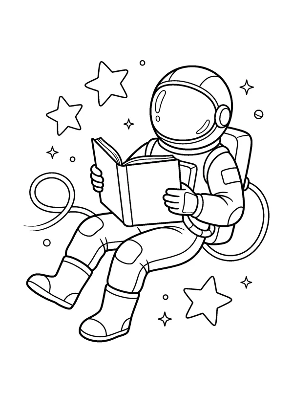 Reading among the Stars — printable black-and-white coloring sheet
