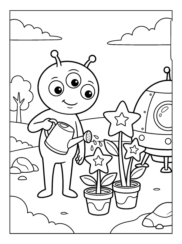Alien Garden Visit — printable black-and-white coloring sheet