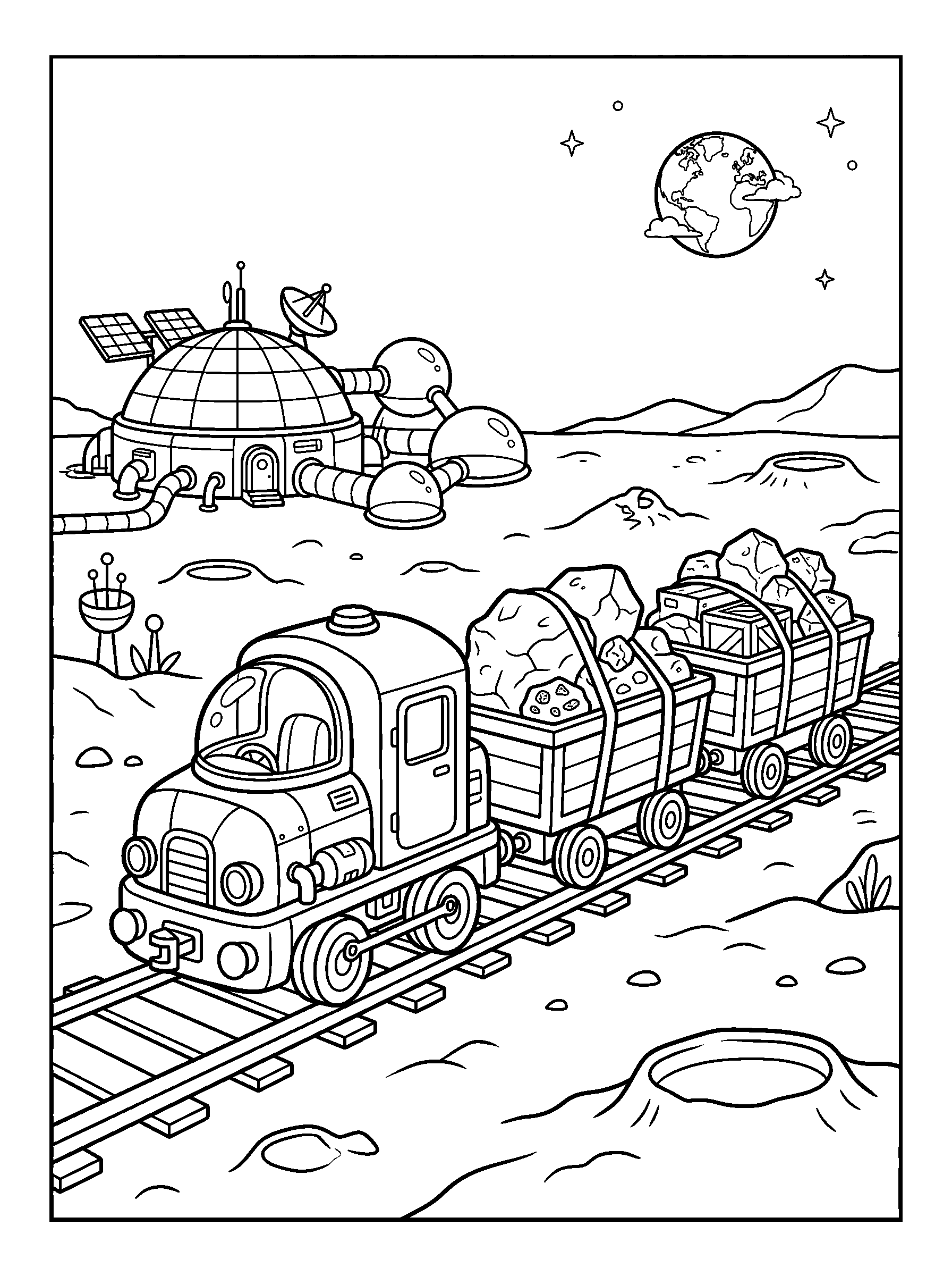 Lunar Cargo Train — full black-and-white printable coloring page