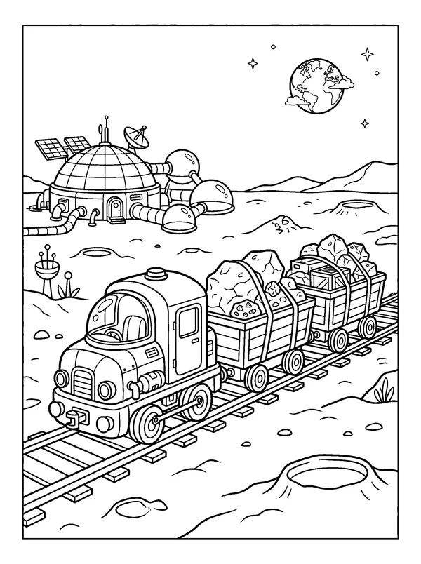 Lunar Cargo Train — printable black-and-white coloring sheet