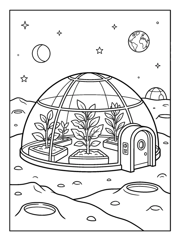 Lunar Greenhouse — printable black-and-white coloring sheet