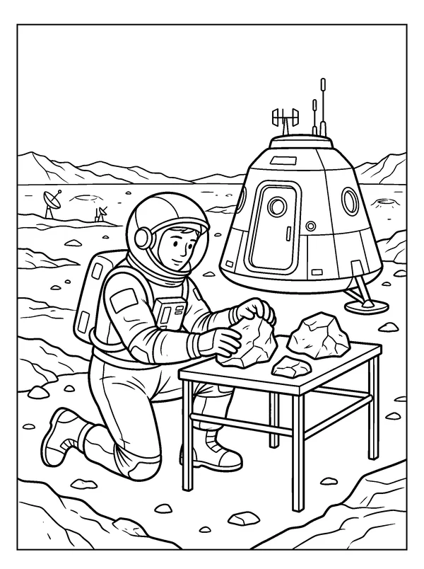 Mars Sample Station — printable black-and-white coloring sheet