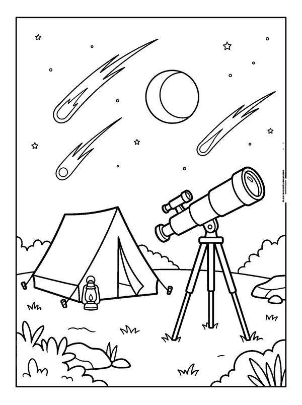 Meteor Watch Camp — printable black-and-white coloring sheet
