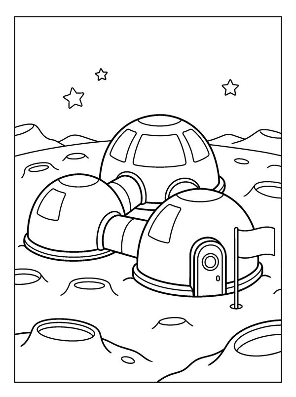 Moon Base Domes — printable black-and-white coloring sheet