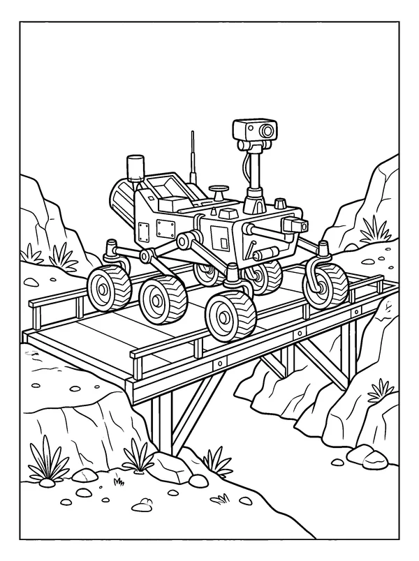 Rover Bridge Crossing — printable black-and-white coloring sheet