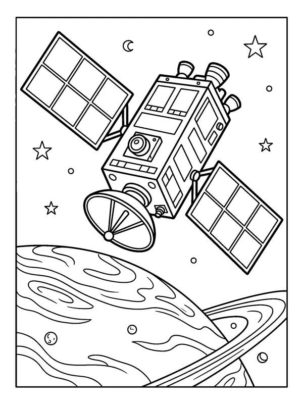 Satellite Solar Wings — printable black-and-white coloring sheet
