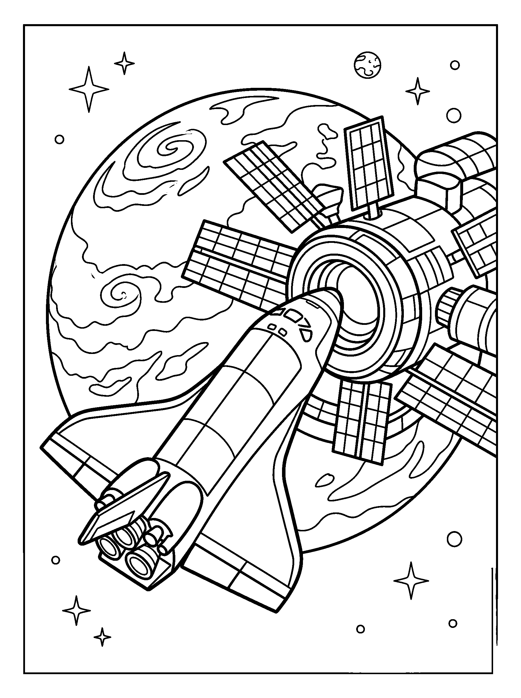 Shuttle Docking — full black-and-white printable coloring page