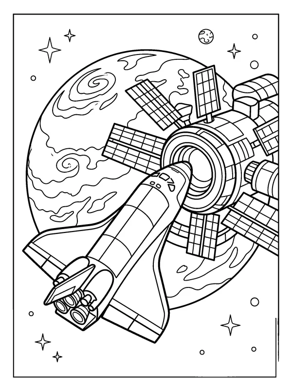 Shuttle Docking — printable black-and-white coloring sheet