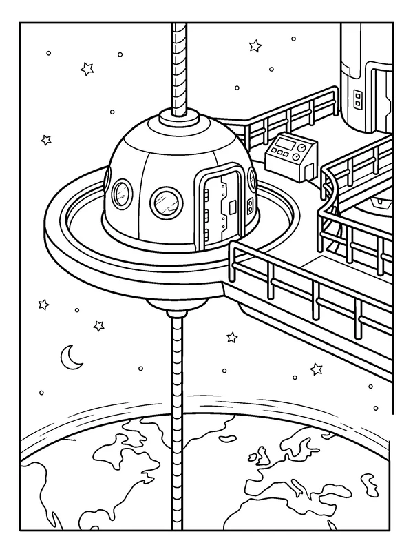 Orbital Elevator Platform — printable black-and-white coloring sheet