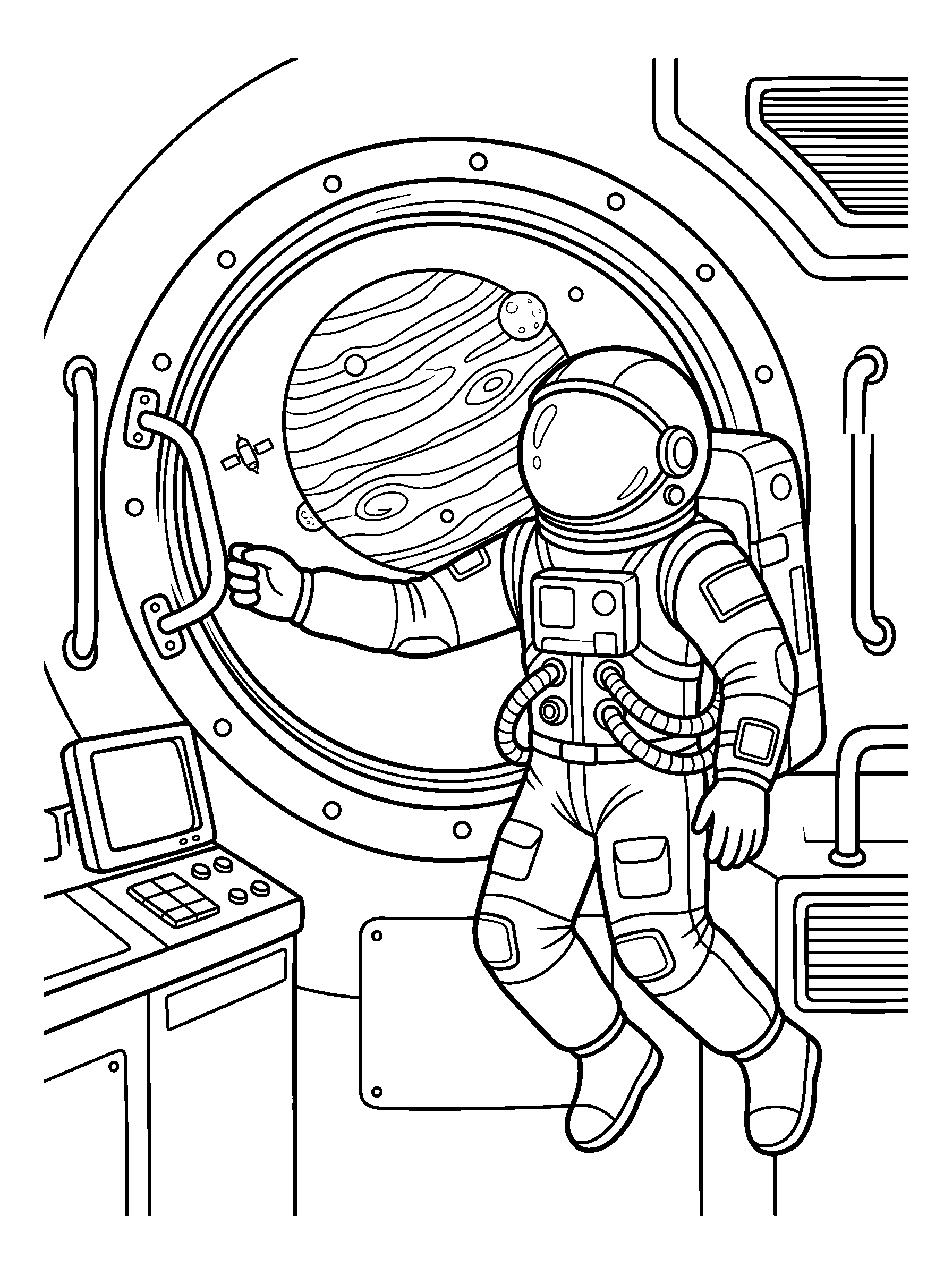 Space Station View — full black-and-white printable coloring page