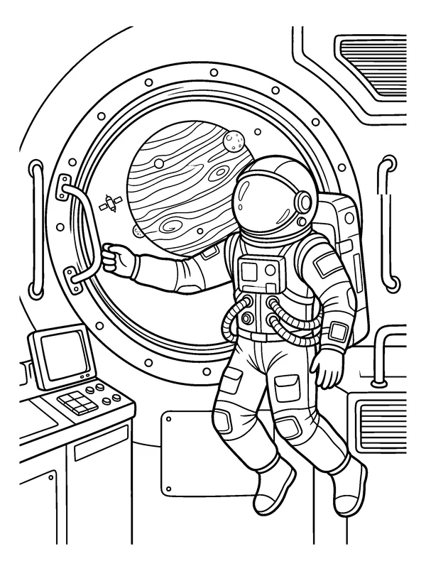 Space Station View — printable black-and-white coloring sheet