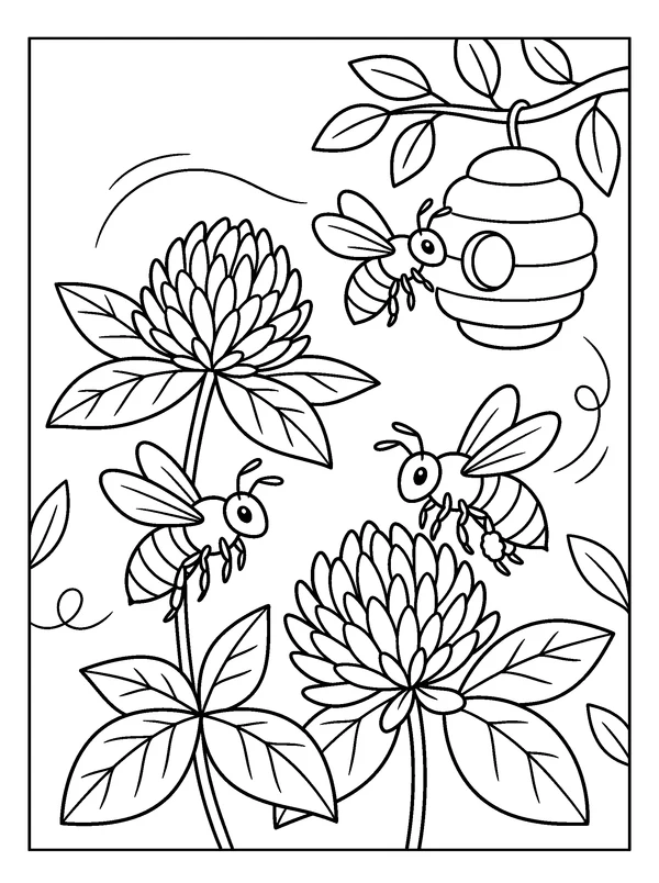 Bees Around the Clover Hive — printable black-and-white coloring sheet